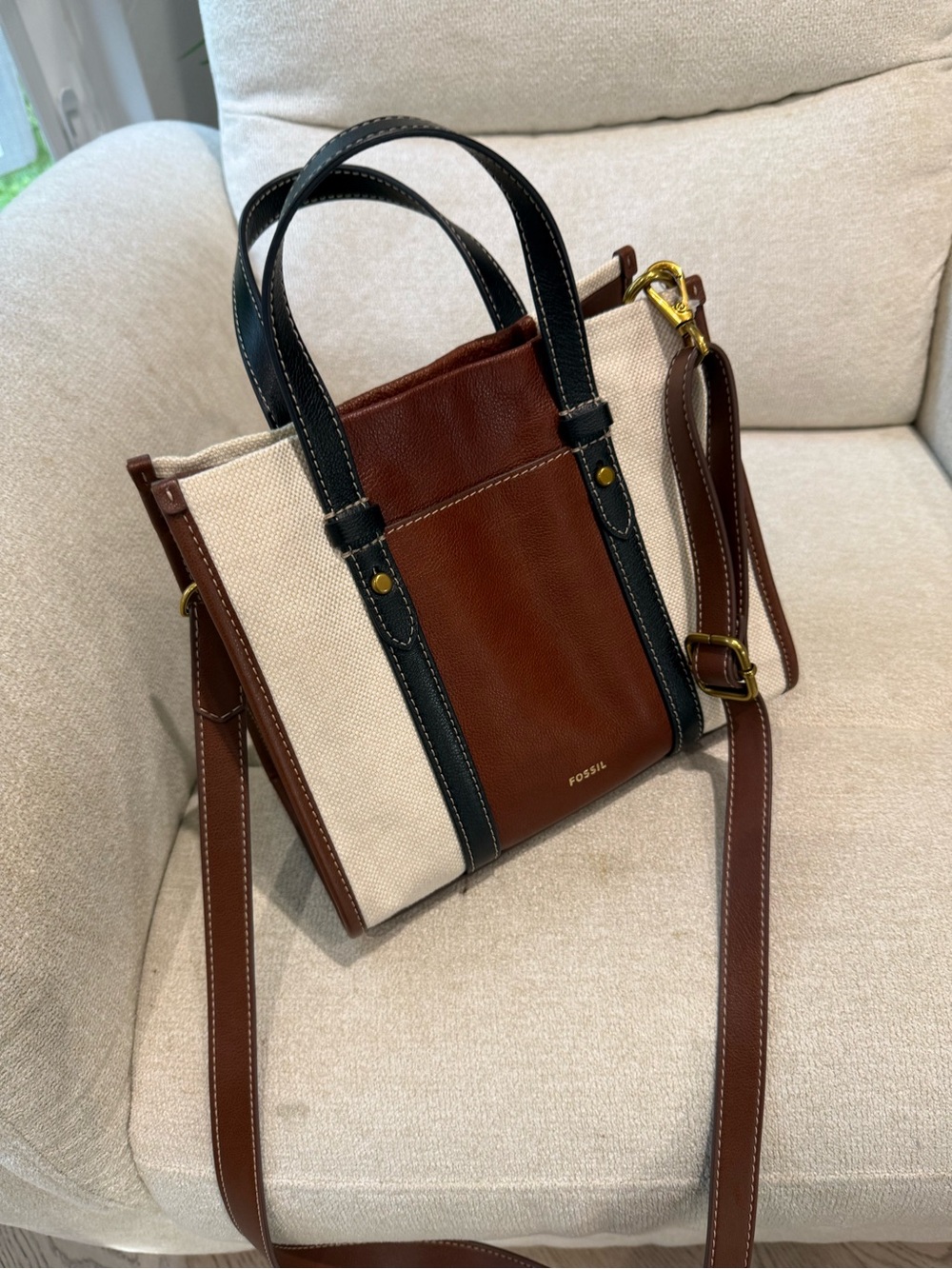 Fossil Brown & Cream leather Canvas Messenger Bag with Black Handles